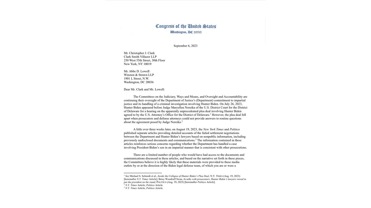 Read the full letter to Hunter Biden’s attorneys. Click here to view document