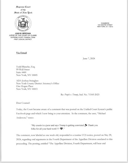 PDF document of Judge Merchan Letter to the Defense and Prosecutor in the Hush Money Trial of Former Presient Trump
