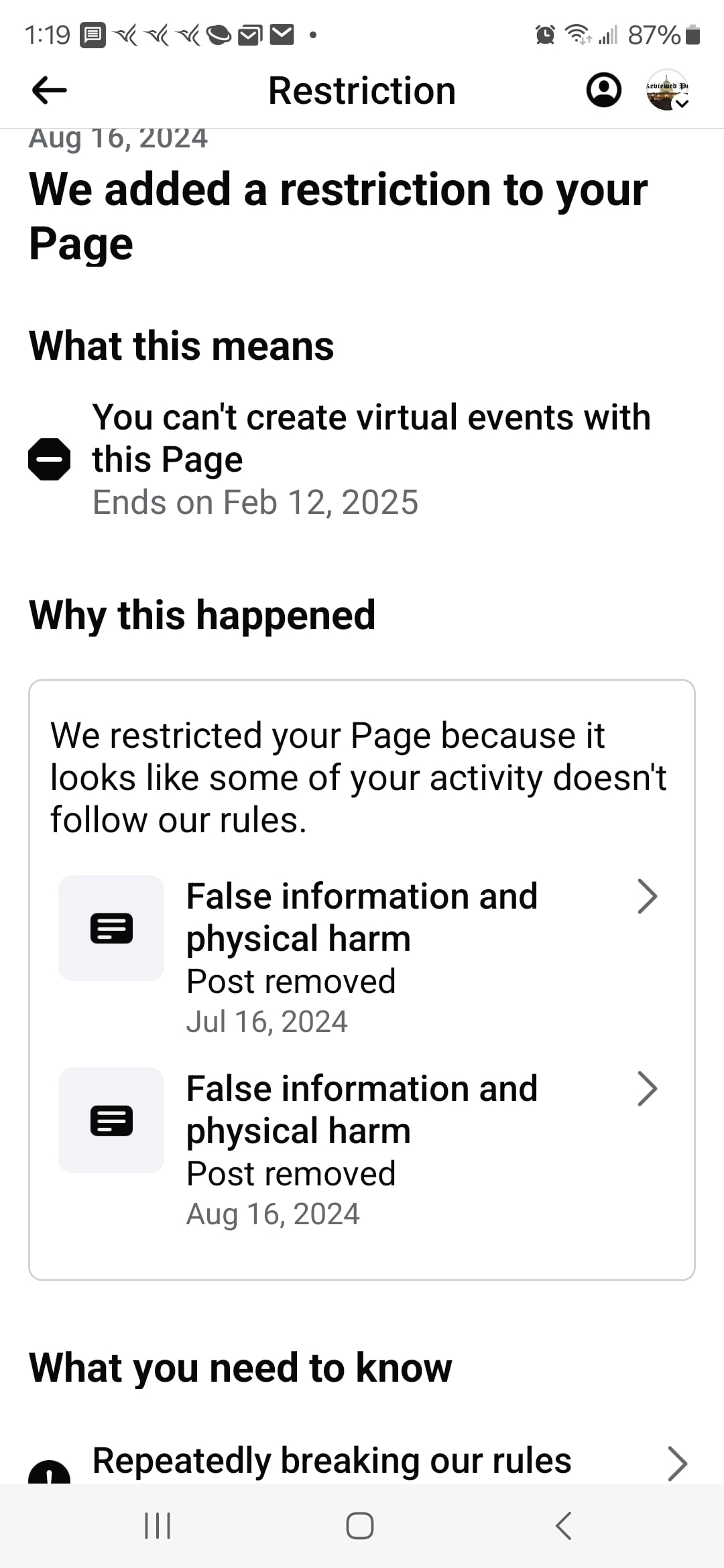 Picture of Facebook's claim of false reporting and phyical harm