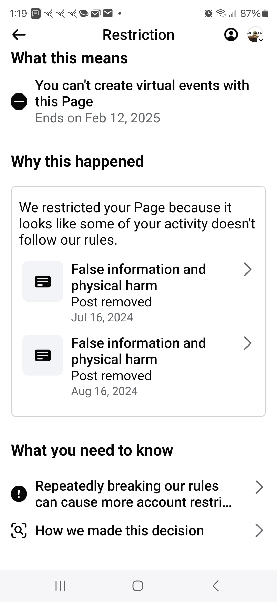 Picture of Facebook's claim of false reporting and phyical harm