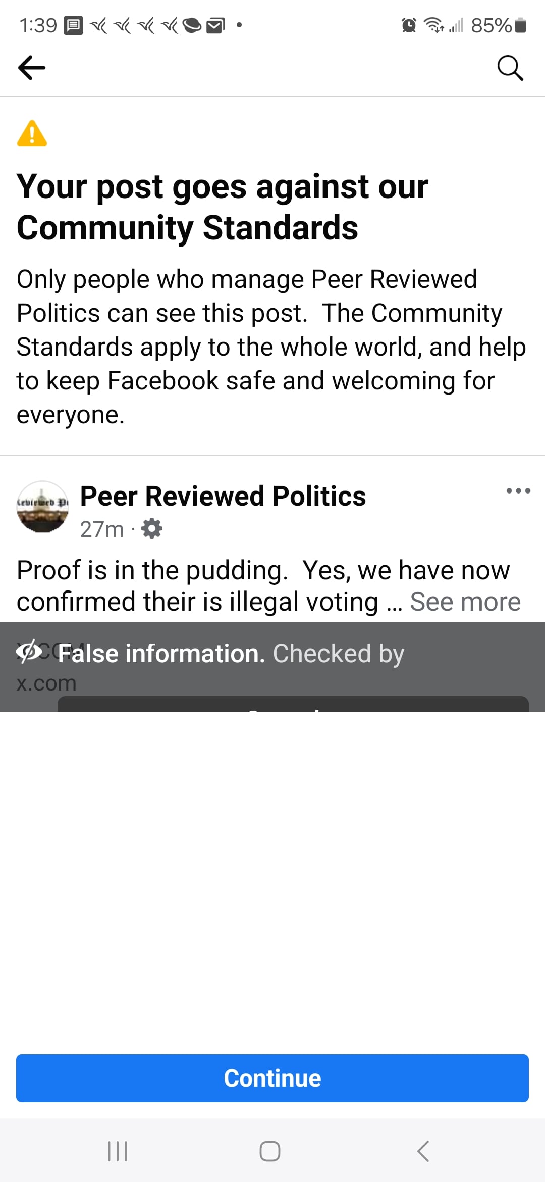 Picture of Facebook's claim of false reporting and phyical harm