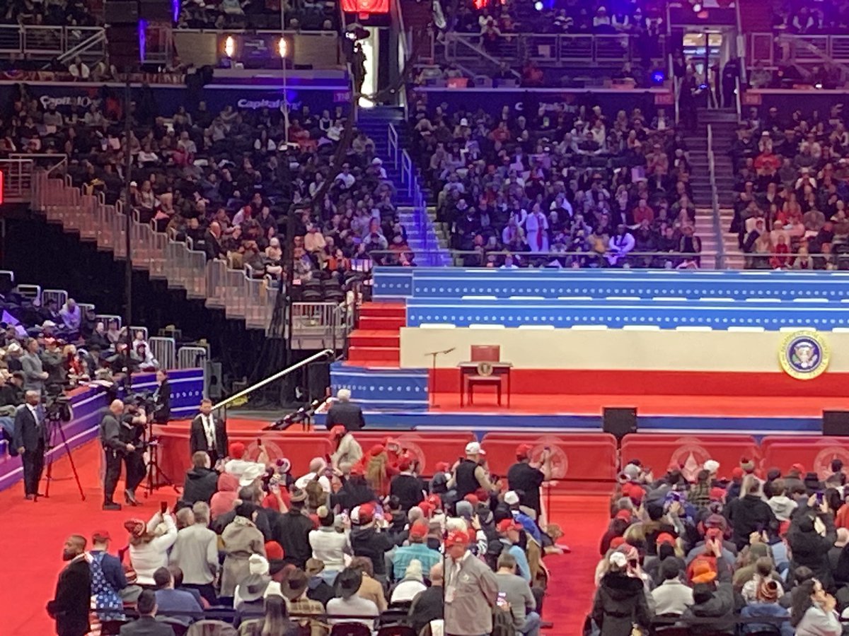 Picture of the desk at Capital One Arena where President Trump signed eight executive order in front of the public.