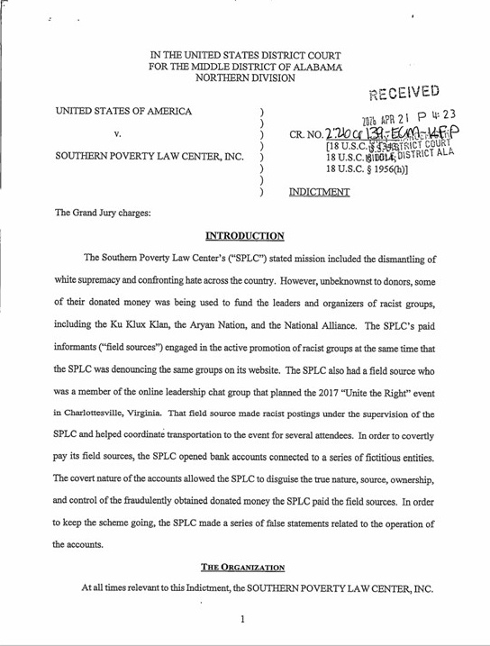 Picture of the first page of the indictment